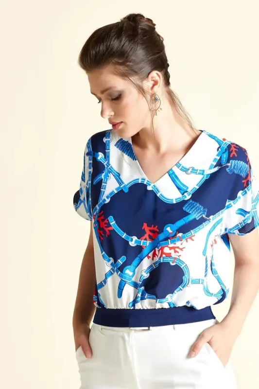V-Neck Patterned Blouse with Elastic Waist - 1