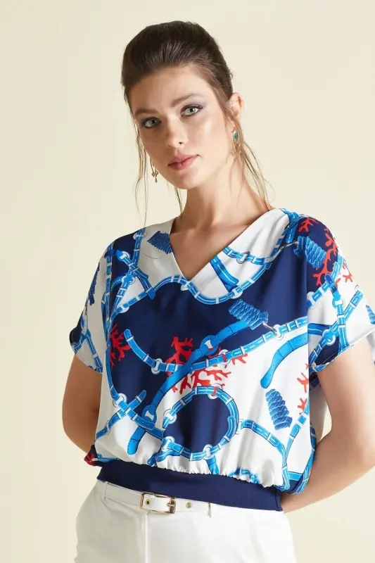 V-Neck Patterned Blouse with Elastic Waist - 2