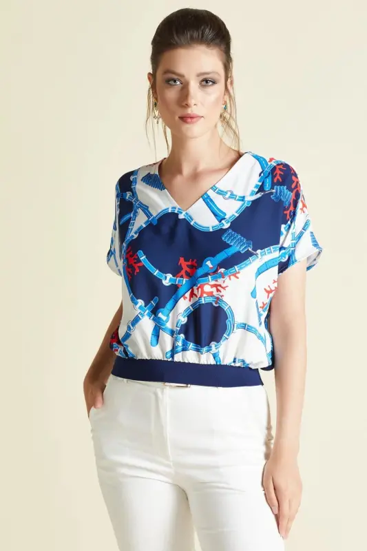 V-Neck Patterned Blouse with Elastic Waist - 3
