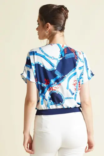 V-Neck Patterned Blouse with Elastic Waist - 4