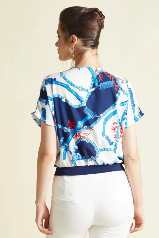 V-Neck Patterned Blouse with Elastic Waist - 4