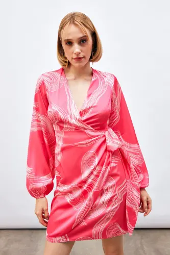 V-Neck Patterned Dress - FUCHSIA 