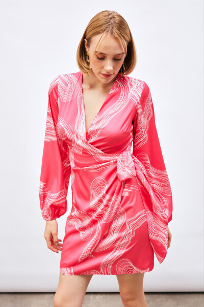 V-Neck Patterned Dress - FUCHSIA - 13