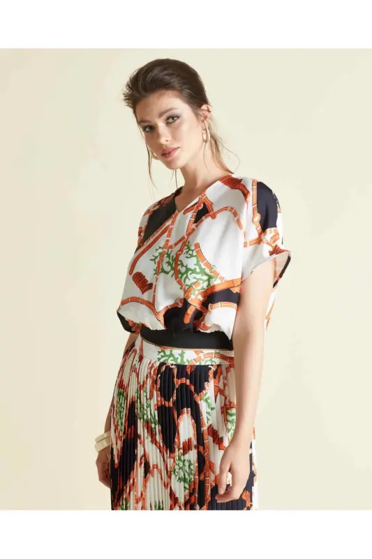 V-Neck Patterned Elastic Waist Blouse-Ecru - SERPİL