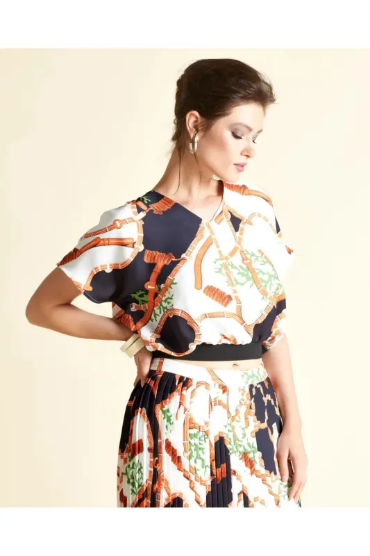 V-Neck Patterned Elastic Waist Blouse-Ecru - 2