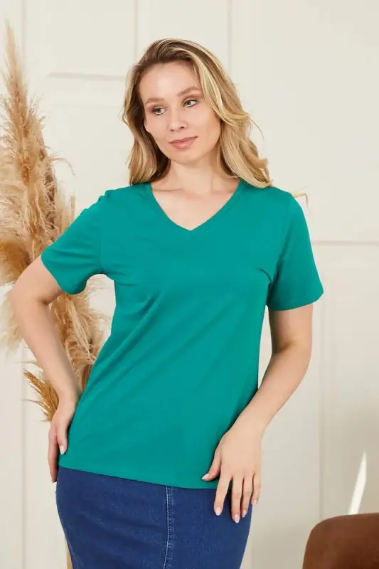 V-Neck Plus Size Green T-Shirt - BÜYÜKBEDENIZ