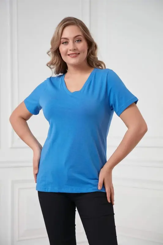 V-Neck Plus Size Sax T-Shirt - 8