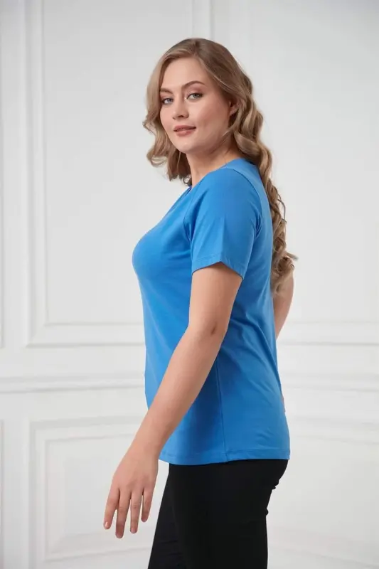 V-Neck Plus Size Sax T-Shirt - 2