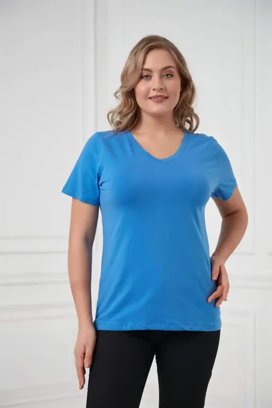 V-Neck Plus Size Sax T-Shirt - 6