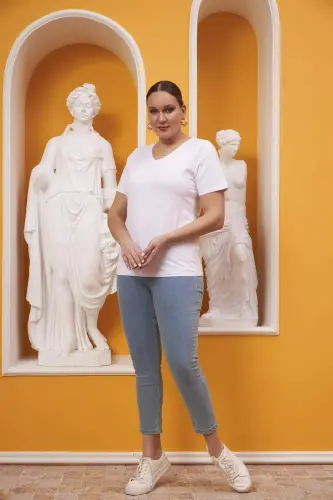 V-Neck Plus Size White T-Shirt - 6