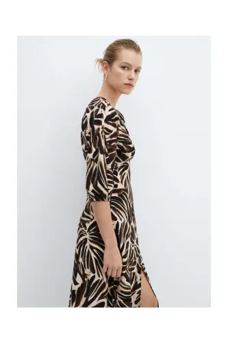 V-neck printed dress-Off White - 3