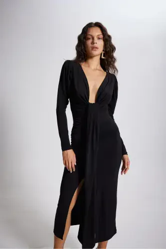 V Neck Puff Sleeve Maxi Moonlight Dress Black - HOLLY LOLLY (1)