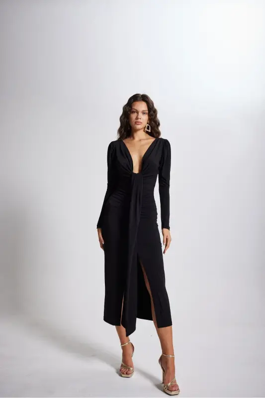 V Neck Puff Sleeve Maxi Moonlight Dress Black - 6