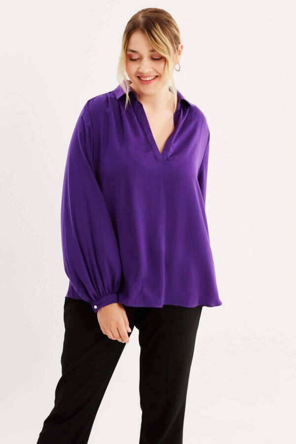 V-Neck Ruffled Sleeve Blouse - 1