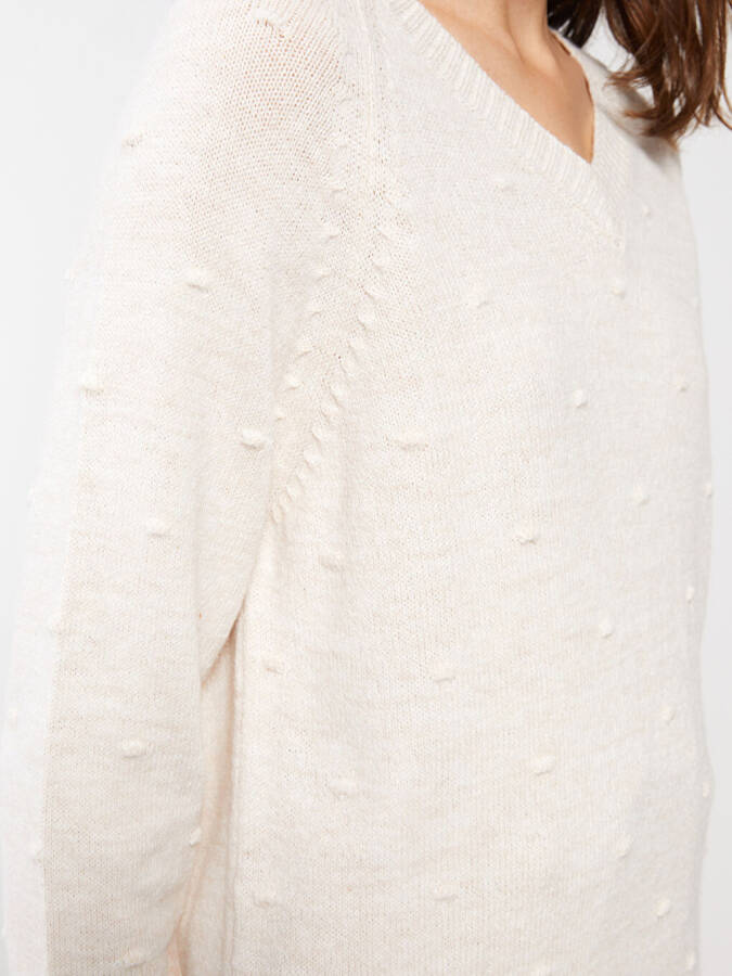 V-Neck Self-Patterned Long Sleeve Women's Knit Sweater - 6