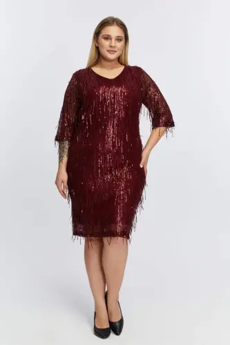 V-Neck Sequin Tassel Plus Size Evening Dress Burgundy - 1