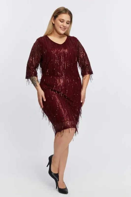 V-Neck Sequin Tassel Plus Size Evening Dress Burgundy - 2