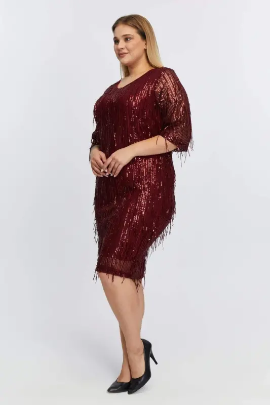 V-Neck Sequin Tassel Plus Size Evening Dress Burgundy - 3