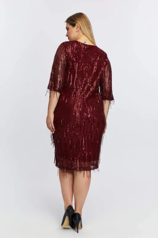 V-Neck Sequin Tassel Plus Size Evening Dress Burgundy - 4