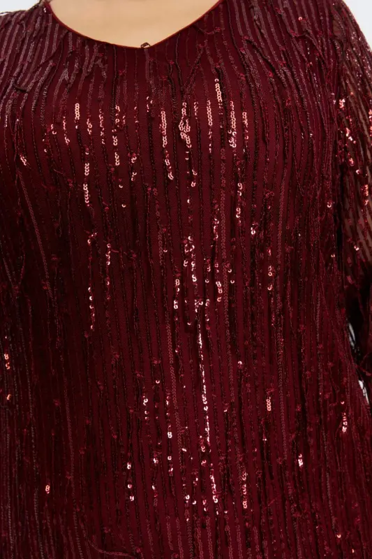 V-Neck Sequin Tassel Plus Size Evening Dress Burgundy - 5
