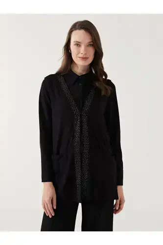 V Neck Shiny Stone Detailed Women's Vest - W4ED11Z8-BLACK - 1