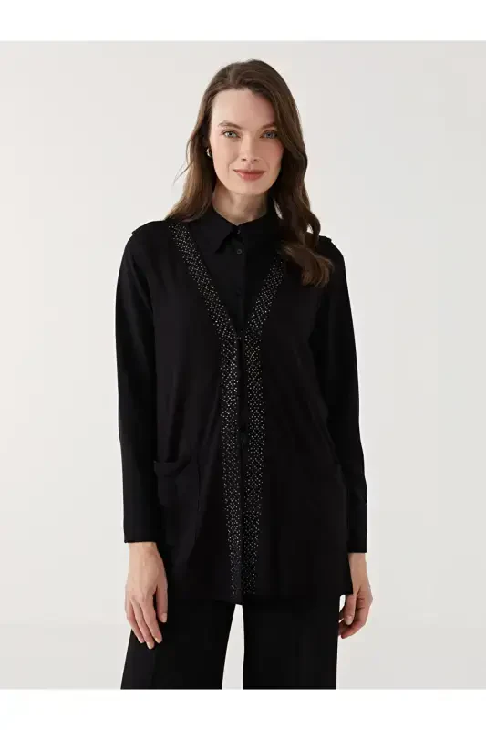 V Neck Shiny Stone Detailed Women's Vest - W4ED11Z8-BLACK - 1