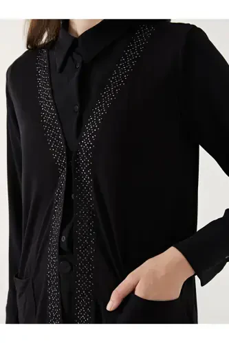 V Neck Shiny Stone Detailed Women's Vest - W4ED11Z8-BLACK - 3