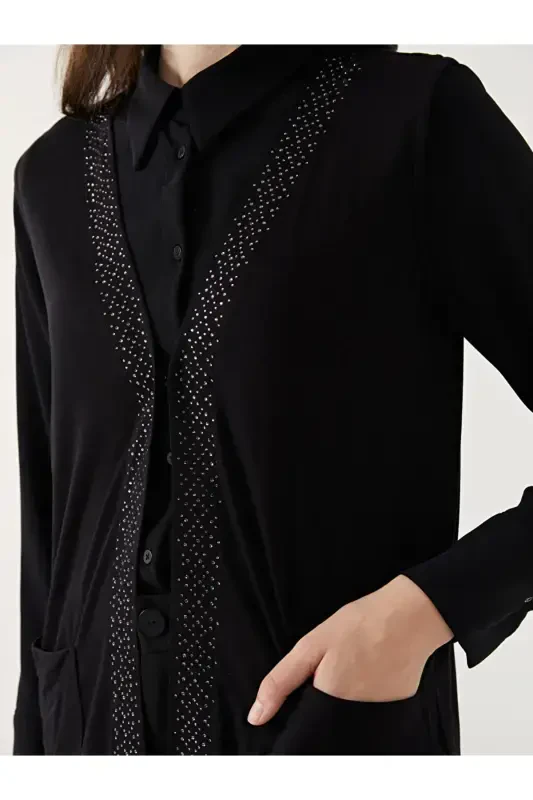 V Neck Shiny Stone Detailed Women's Vest - W4ED11Z8-BLACK - 3