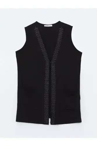 V Neck Shiny Stone Detailed Women's Vest - W4ED11Z8-BLACK - 5