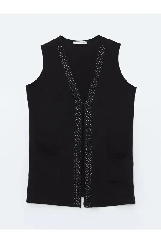V Neck Shiny Stone Detailed Women's Vest - W4ED11Z8-BLACK - 5