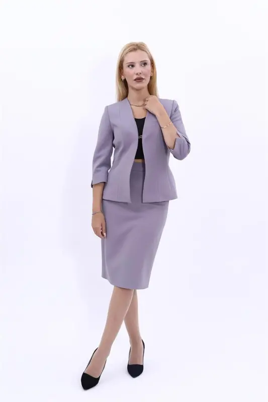V-Neck Short Jacket & Pencil Skirt Set - Anthracite - Anthracite - ÖNDER ÖZSOY