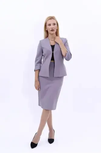 V-Neck Short Jacket & Pencil Skirt Set - Anthracite - Anthracite - 1