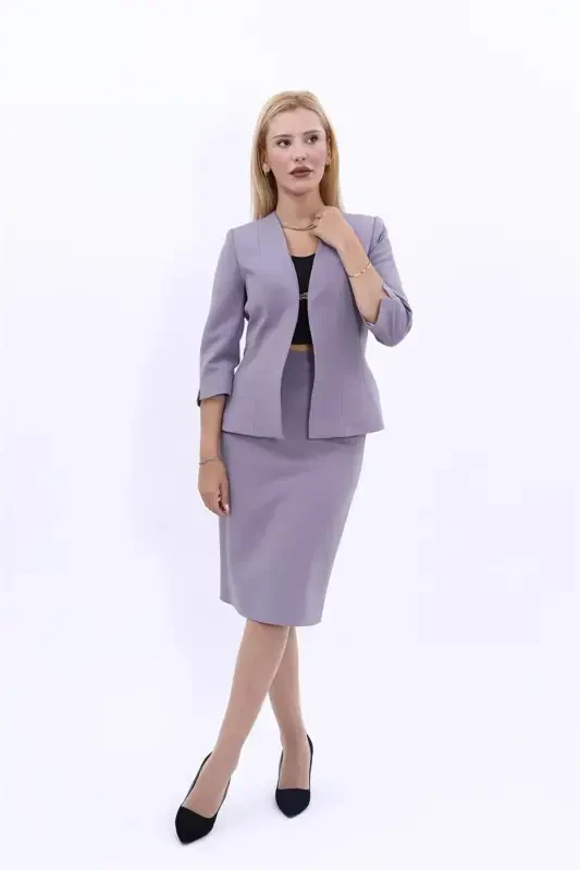 V-Neck Short Jacket & Pencil Skirt Set - Anthracite - Anthracite - 1