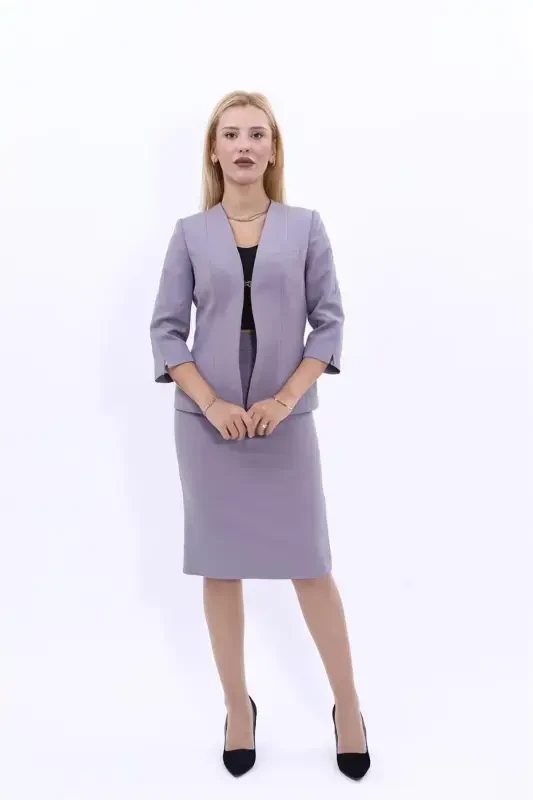 V-Neck Short Jacket & Pencil Skirt Set - Anthracite - Anthracite - 4
