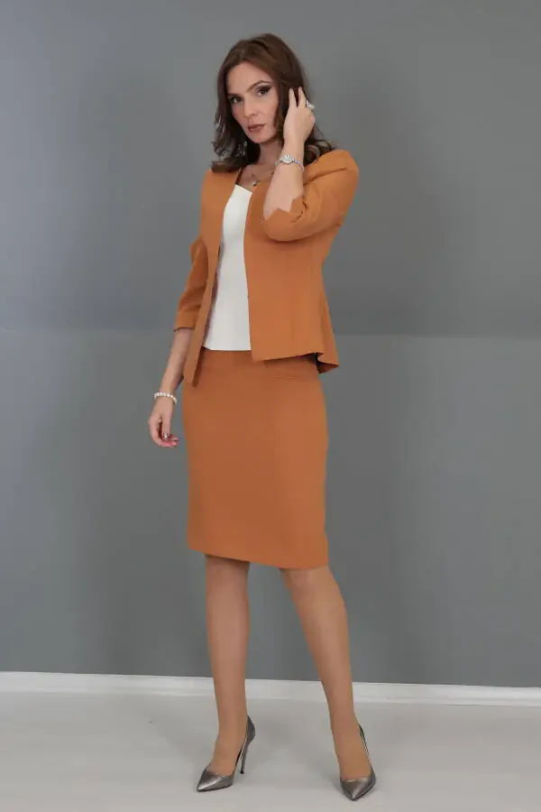 V-Neck Short Jacket & Pencil Skirt Set - Brown - 19