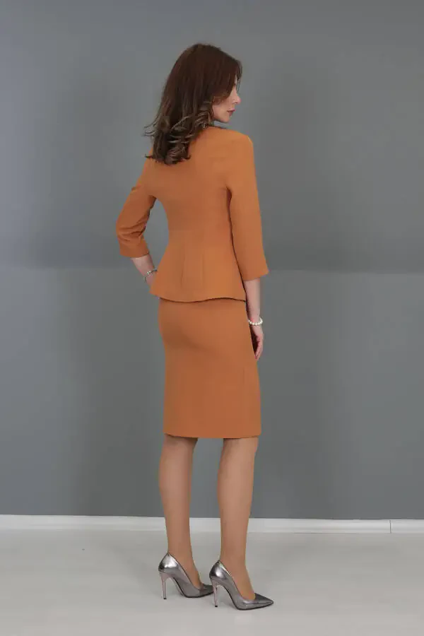 V-Neck Short Jacket & Pencil Skirt Set - Brown - 10