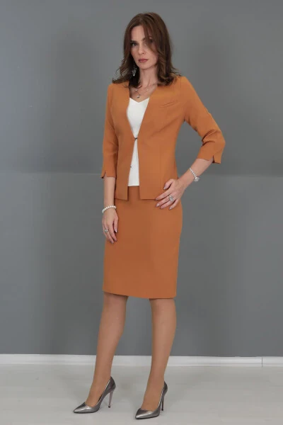 V-Neck Short Jacket & Pencil Skirt Set - Brown - ÖNDER ÖZSOY (1)