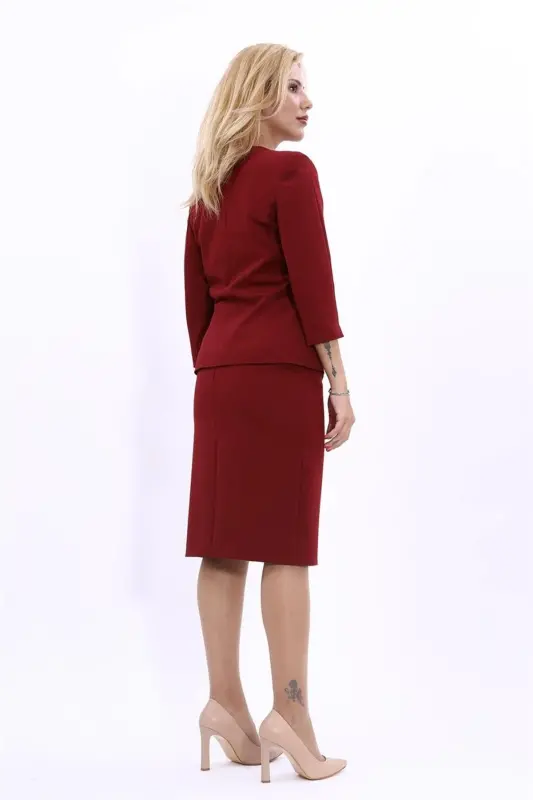 V Neck Short Jacket & Pencil Skirt Set Burgundy - 4