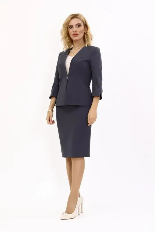 V-Neck Short Jacket & Pencil Skirt Set - Charcoal - ÖNDER ÖZSOY