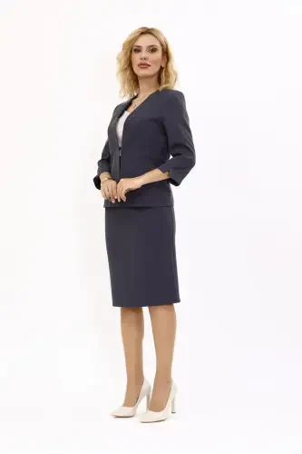 V-Neck Short Jacket & Pencil Skirt Set - Charcoal - 4