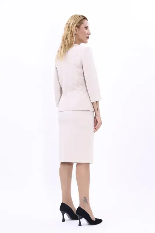 V-Neck Short Jacket & Pencil Skirt Set-Gray-Gray - 2