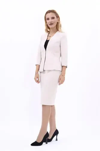 V-Neck Short Jacket & Pencil Skirt Set-Gray-Gray - 3