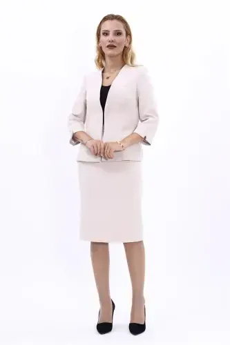 V-Neck Short Jacket & Pencil Skirt Set-Gray-Gray - 4