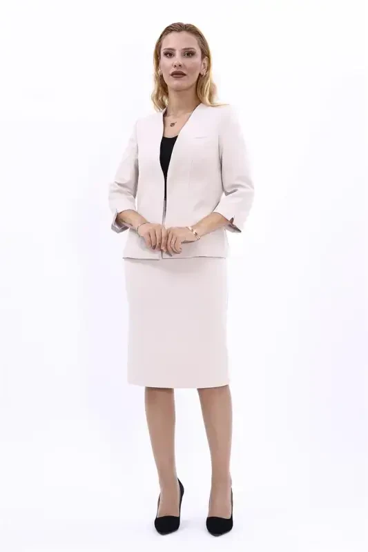 V-Neck Short Jacket & Pencil Skirt Set-Gray-Gray - 4