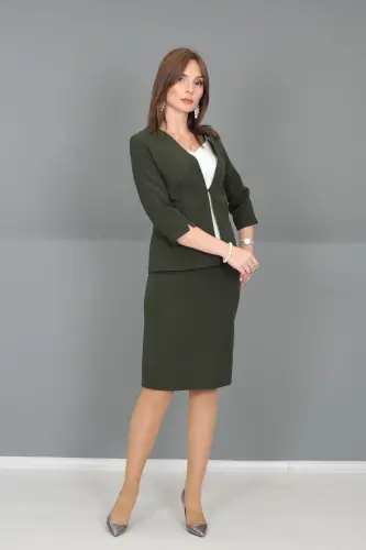 V-Neck Short Jacket & Pencil Skirt Set-khaki-Khaki - 2