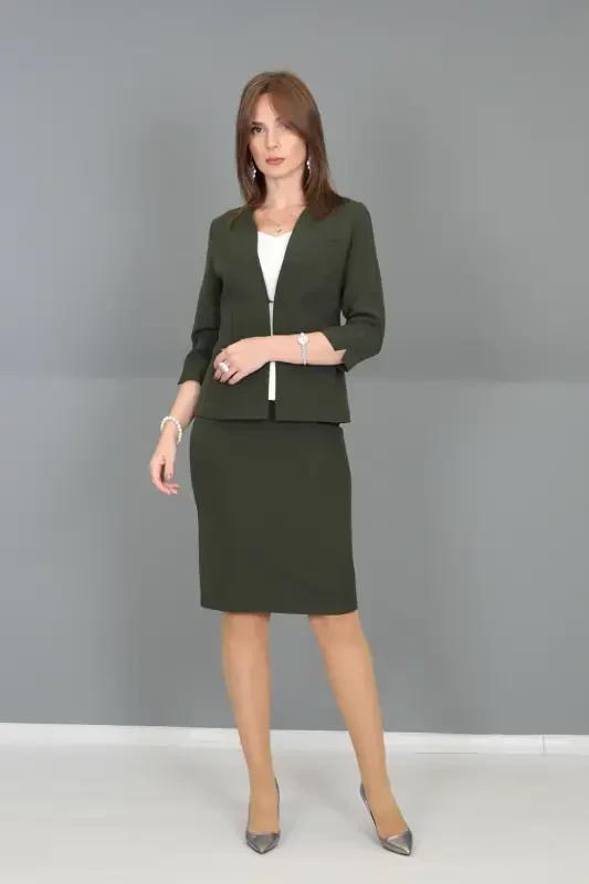 V-Neck Short Jacket & Pencil Skirt Set-khaki-Khaki - ÖNDER ÖZSOY