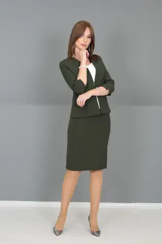 V-Neck Short Jacket & Pencil Skirt Set-khaki-Khaki - 3