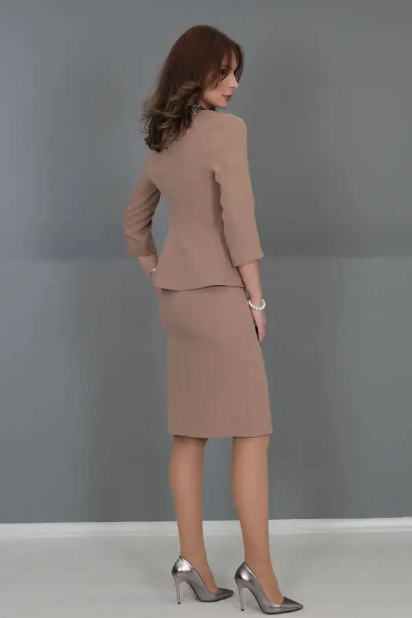V-Neck Short Jacket & Pencil Skirt Set - Light Brown - 15