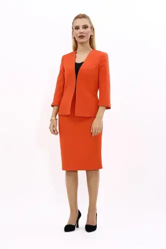 V-Neck Short Jacket & Pencil Skirt Set - Orange - 4