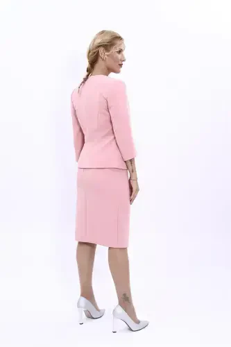 V-Neck Short Jacket & Pencil Skirt Set-Powder-Powder - 4